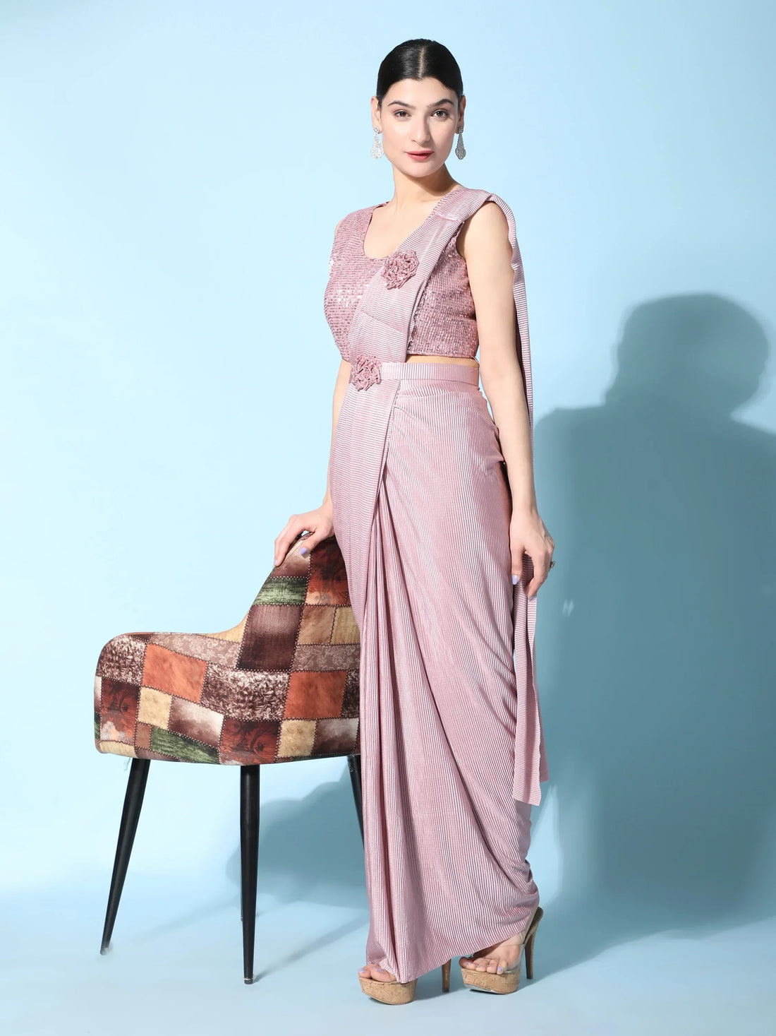 Beautiful Baby Pink Satin Pre-Stitched Designer Saree With Blouse - Zeel Clothing