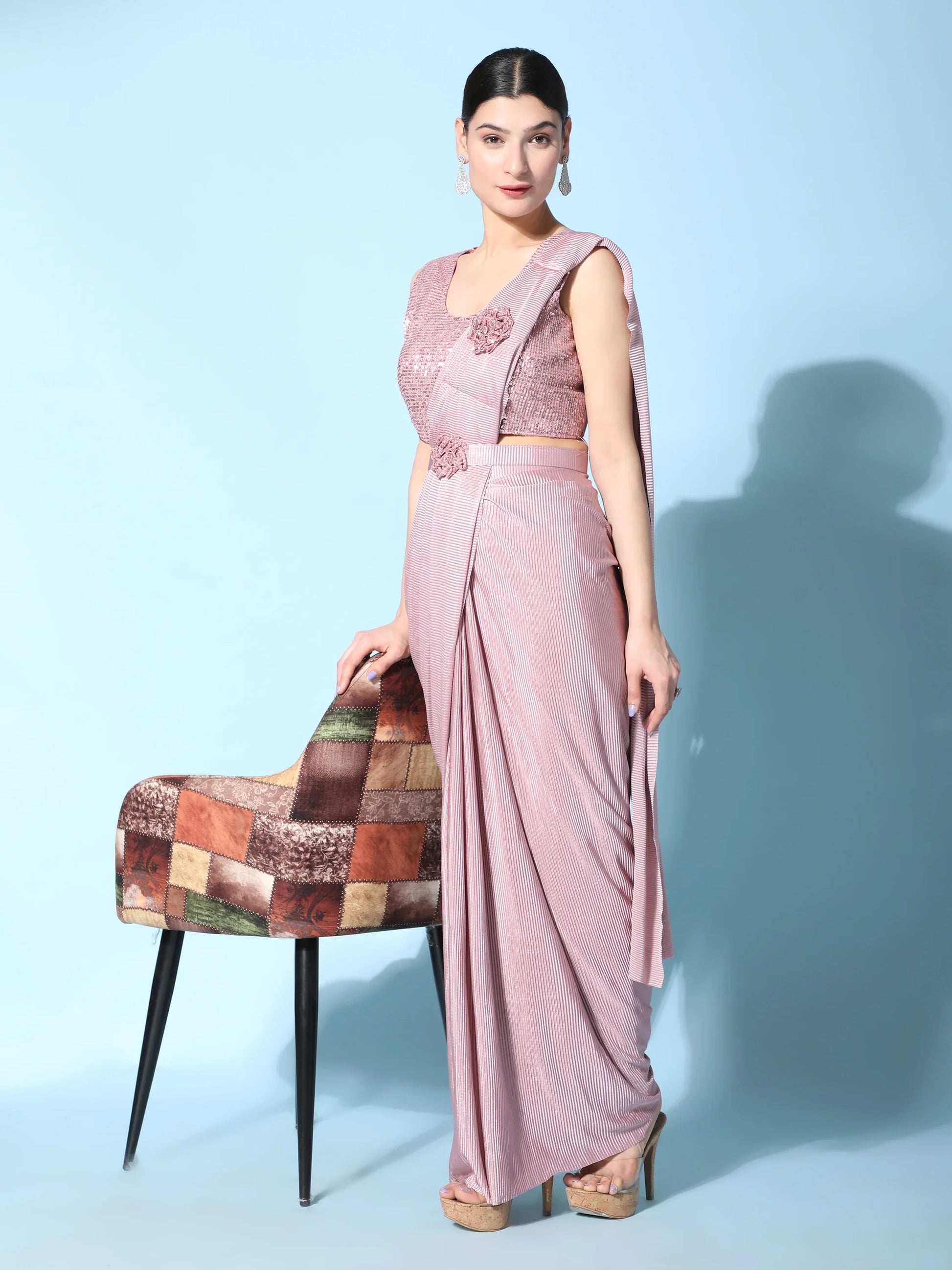 Beautiful Baby Pink Satin Pre-Stitched Designer Saree With Blouse - Zeel Clothing