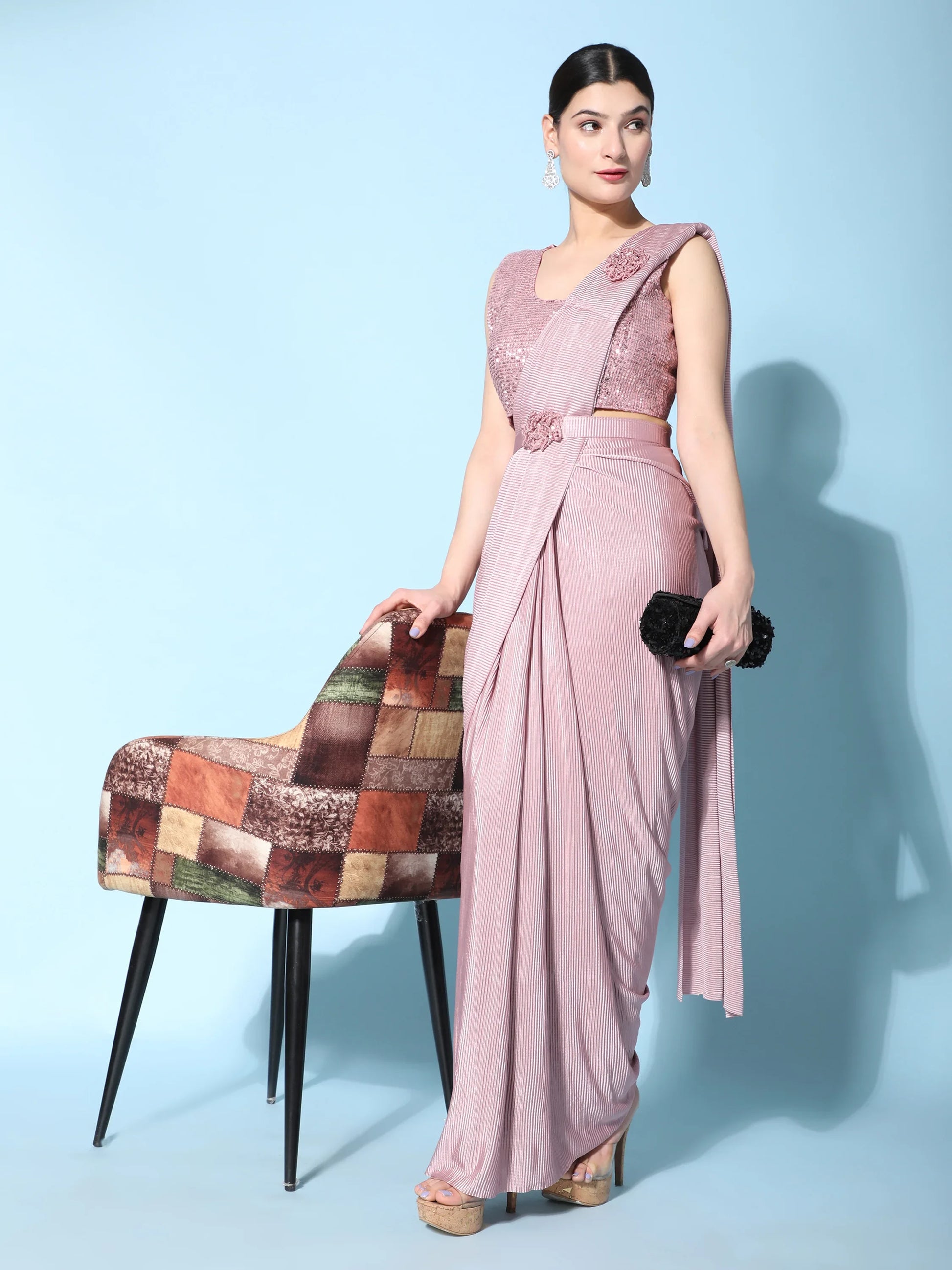 Beautiful Baby Pink Satin Pre-Stitched Designer Saree With Blouse - Zeel Clothing