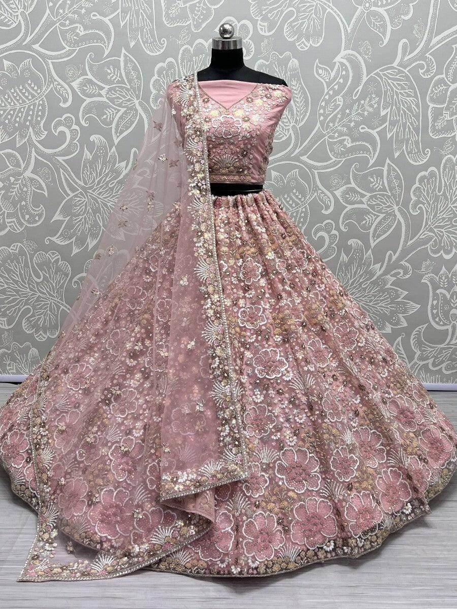 Beautiful Baby Pink Sequins Net Bridal Lehenga Choli With Dupatta - Zeel Clothing