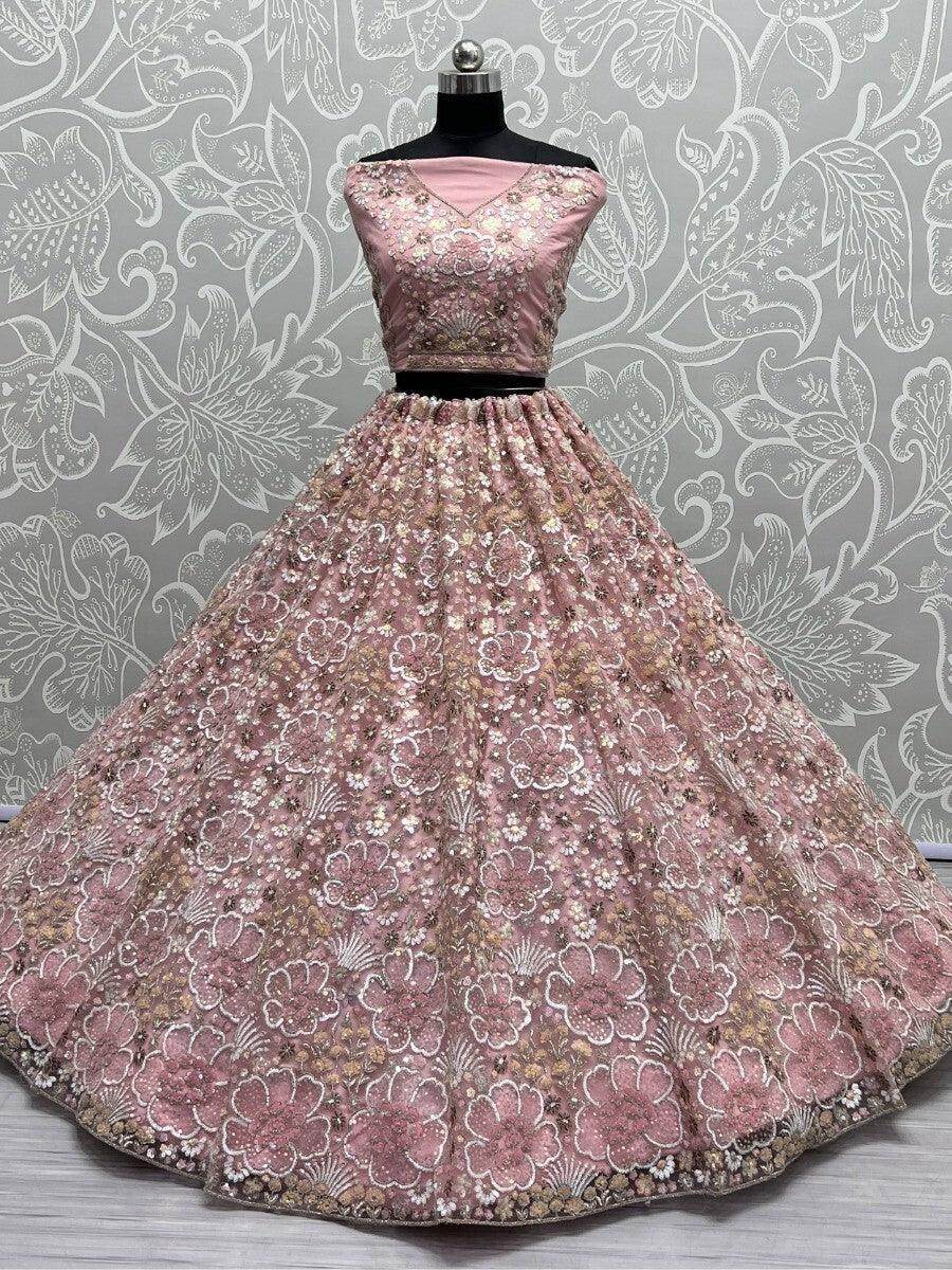 Beautiful Baby Pink Sequins Net Bridal Lehenga Choli With Dupatta - Zeel Clothing