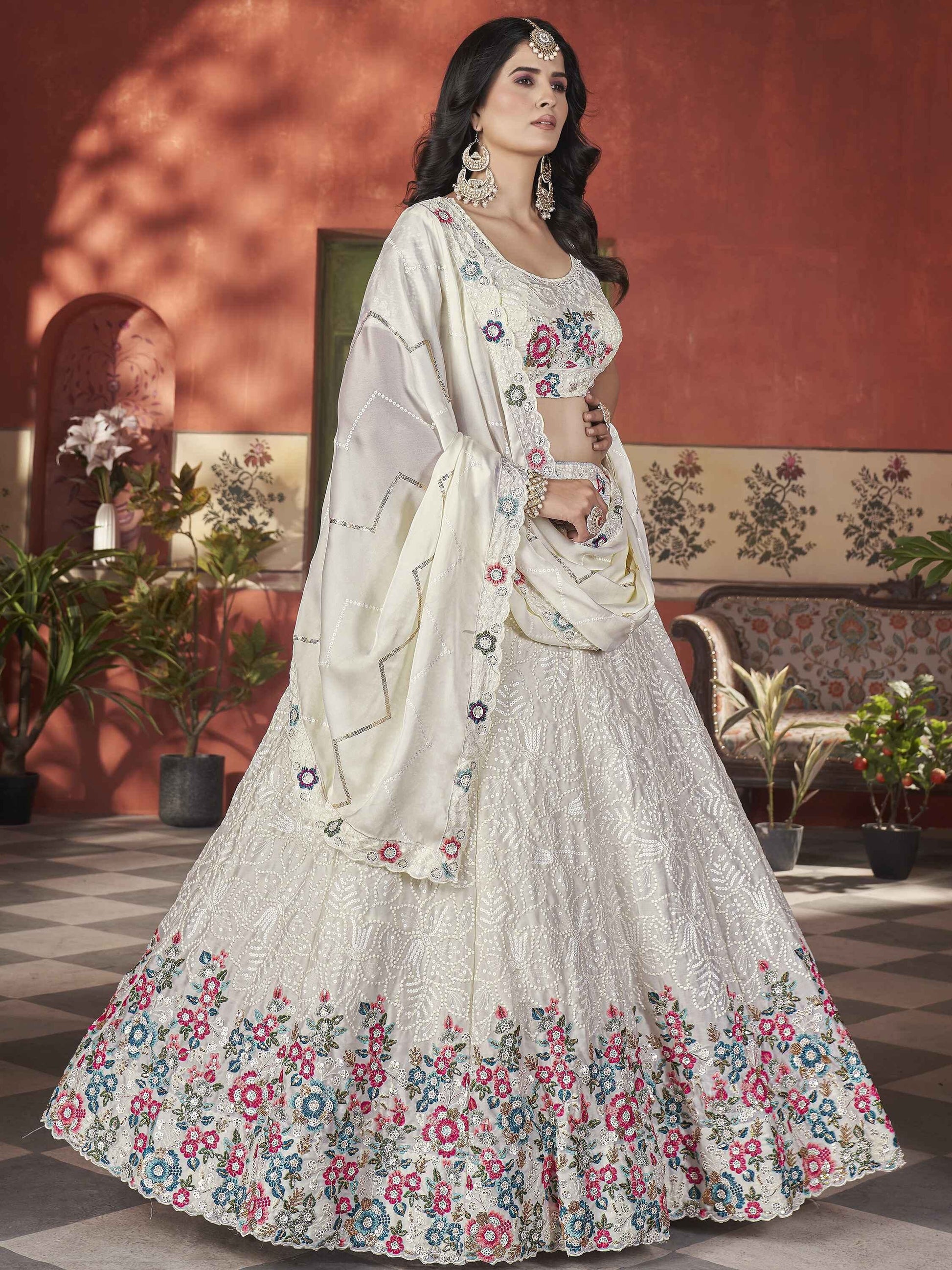 Beautiful Beige Color Sequins Chinon Reception Wear Lehenga Choli - Zeel Clothing