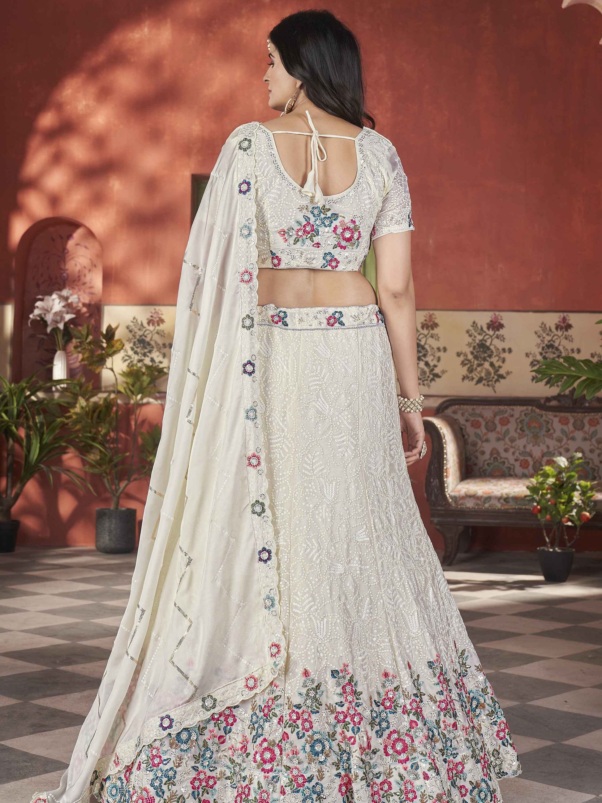 Beautiful Beige Color Sequins Chinon Reception Wear Lehenga Choli - Zeel Clothing