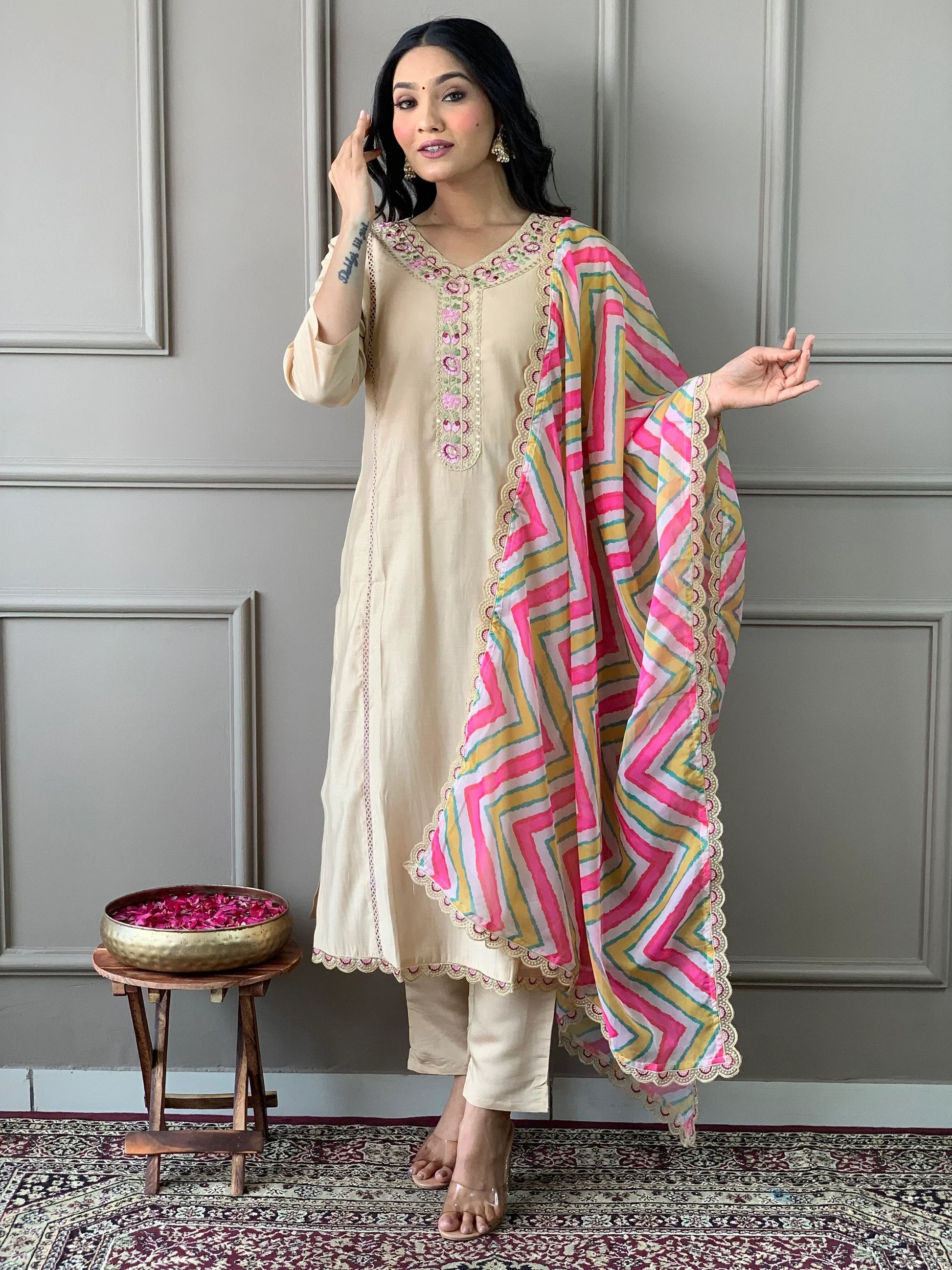 Beautiful Beige Embroidered Chanderi Silk Event Wear Suit Pant - Zeel Clothing