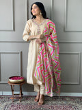 Beautiful Beige Embroidered Chanderi Silk Event Wear Suit Pant - Zeel Clothing