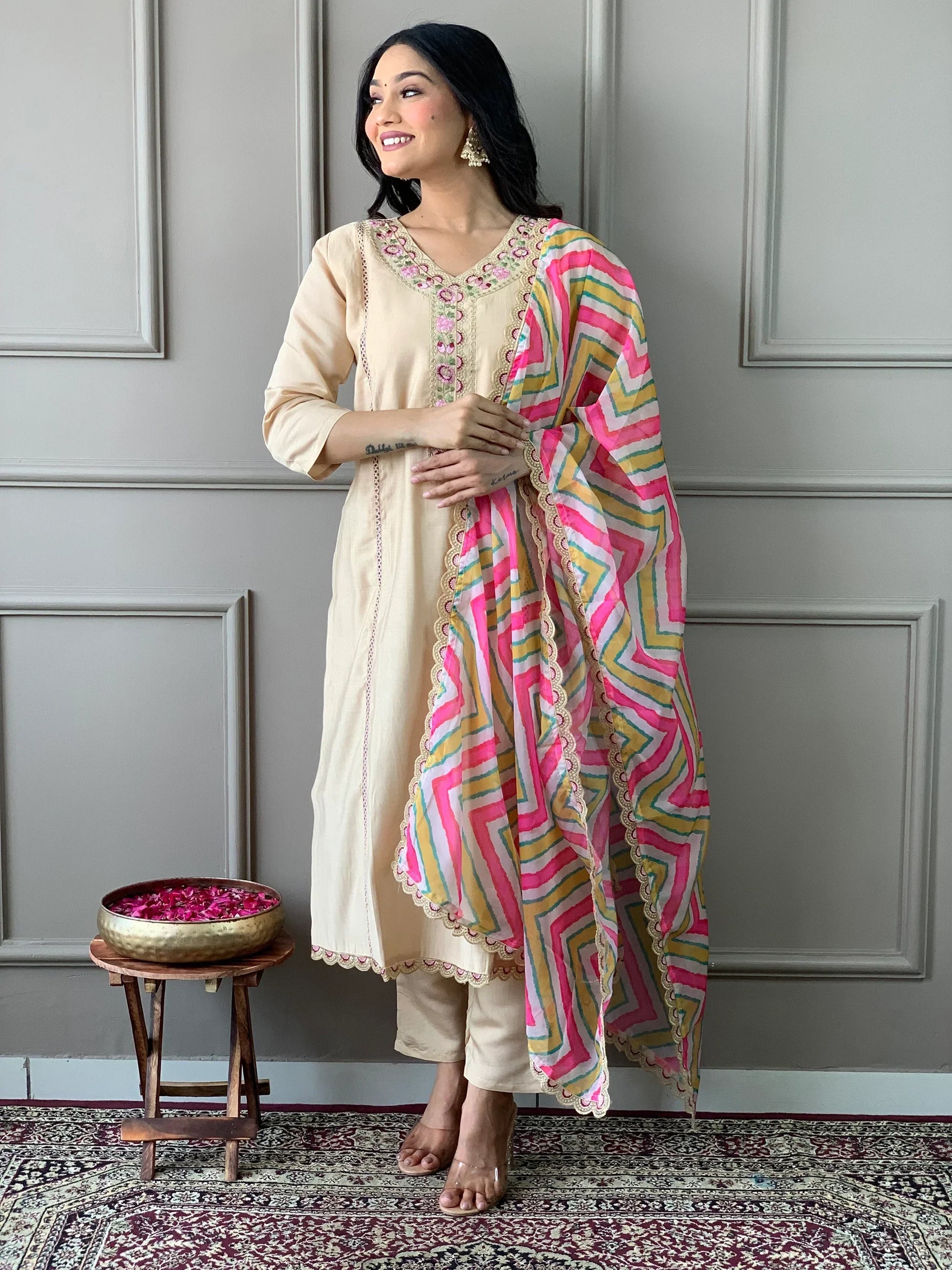Beautiful Beige Embroidered Chanderi Silk Event Wear Suit Pant - Zeel Clothing
