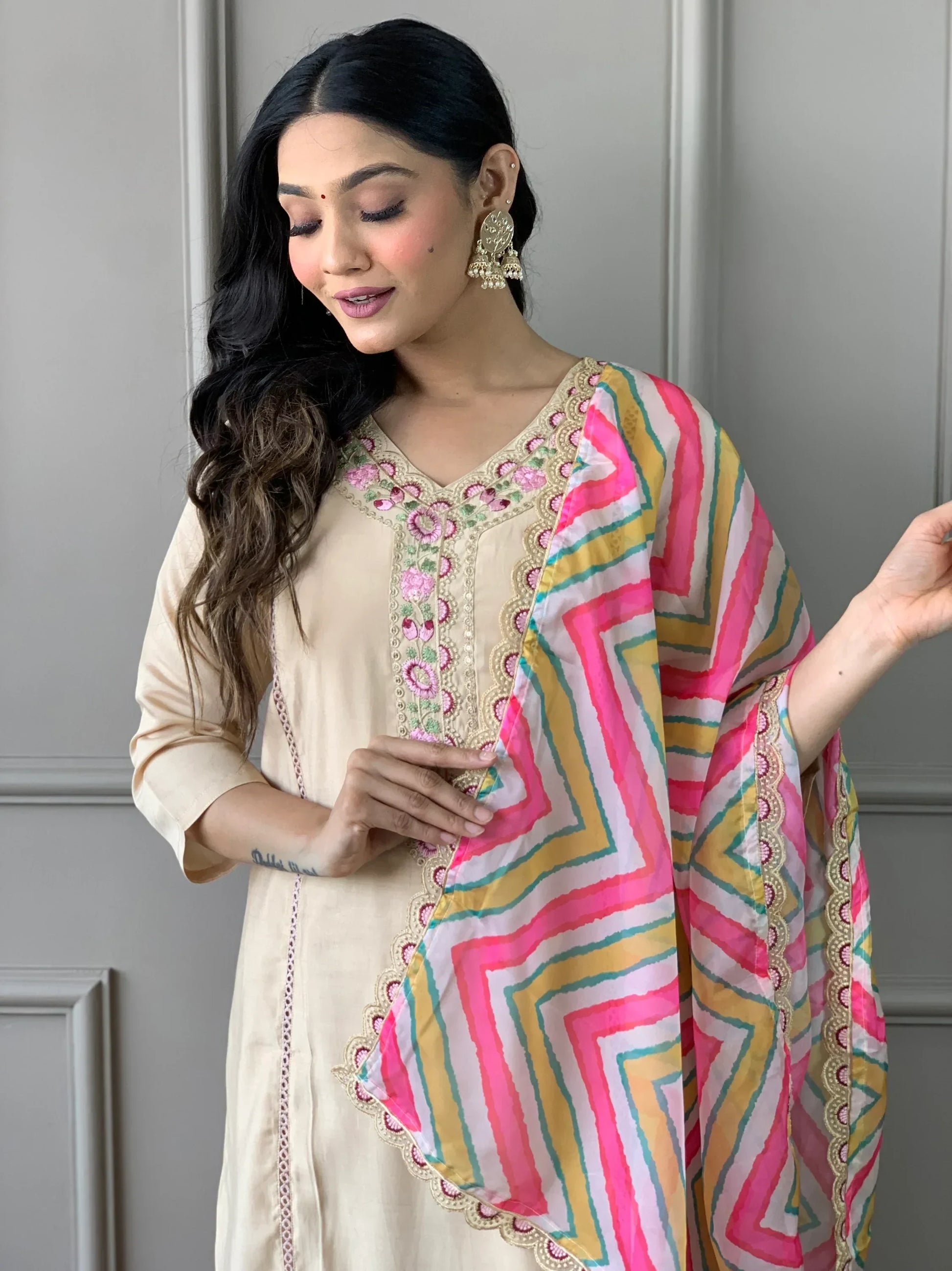 Beautiful Beige Embroidered Chanderi Silk Event Wear Suit Pant - Zeel Clothing