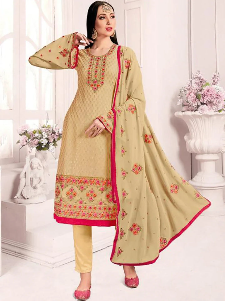 Beautiful Beige Floral Embroidered Georgette Festival Wear Pant Suit - Zeel Clothing