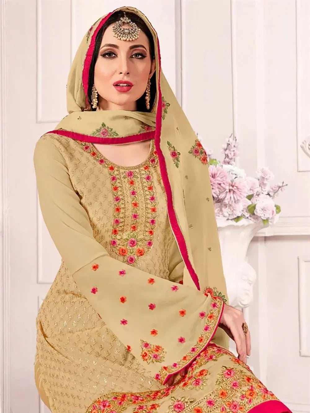 Beautiful Beige Floral Embroidered Georgette Festival Wear Pant Suit - Zeel Clothing