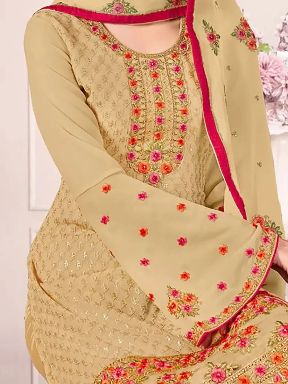 Beautiful Beige Floral Embroidered Georgette Festival Wear Pant Suit - Zeel Clothing