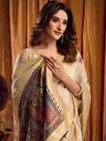 Beautiful Beige Khata Work Khadi Event Wear Saree With Blouse