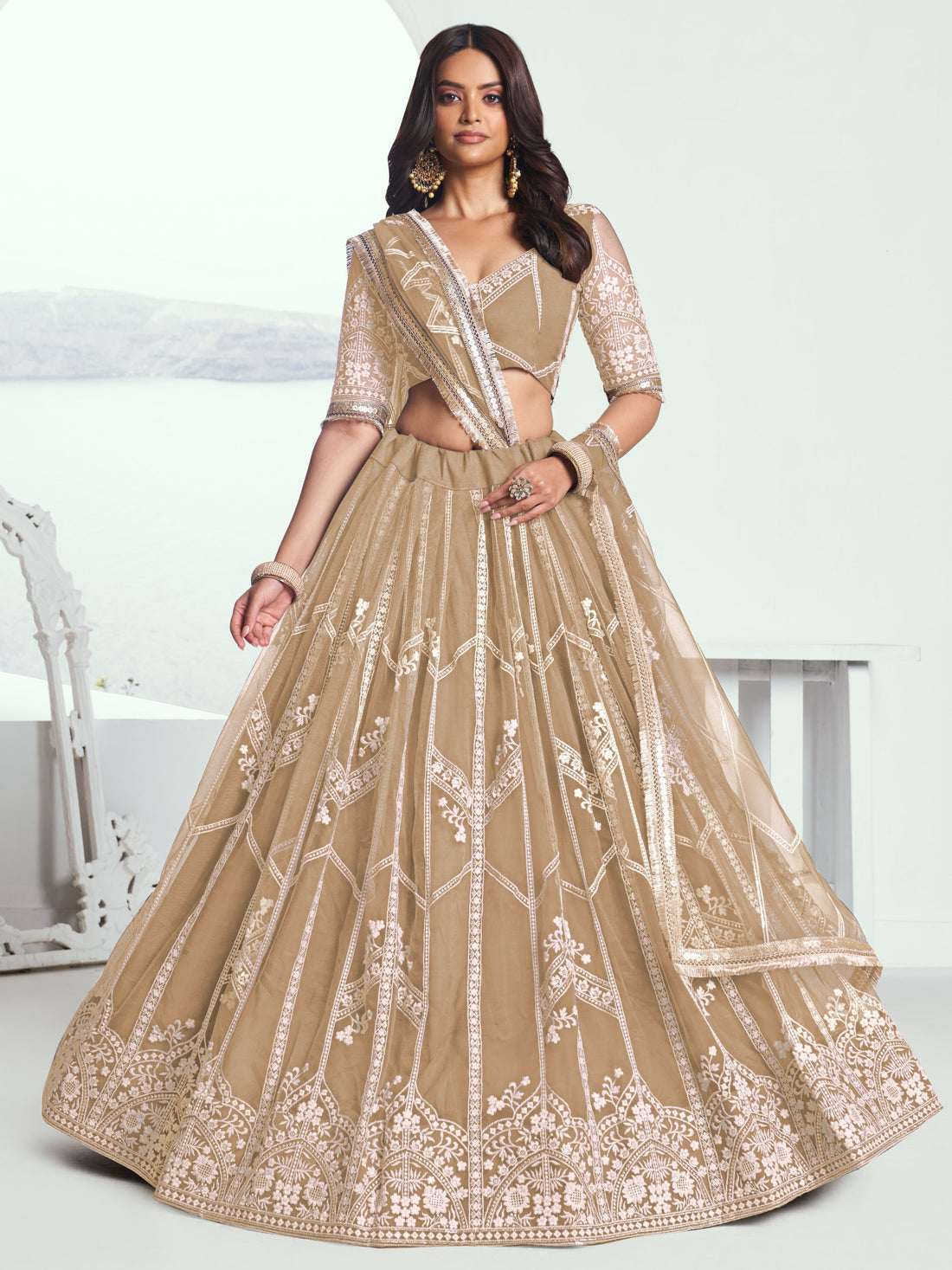 Beautiful Beige Thread Embroidered Party Wear Lehenga Choli - Zeel Clothing