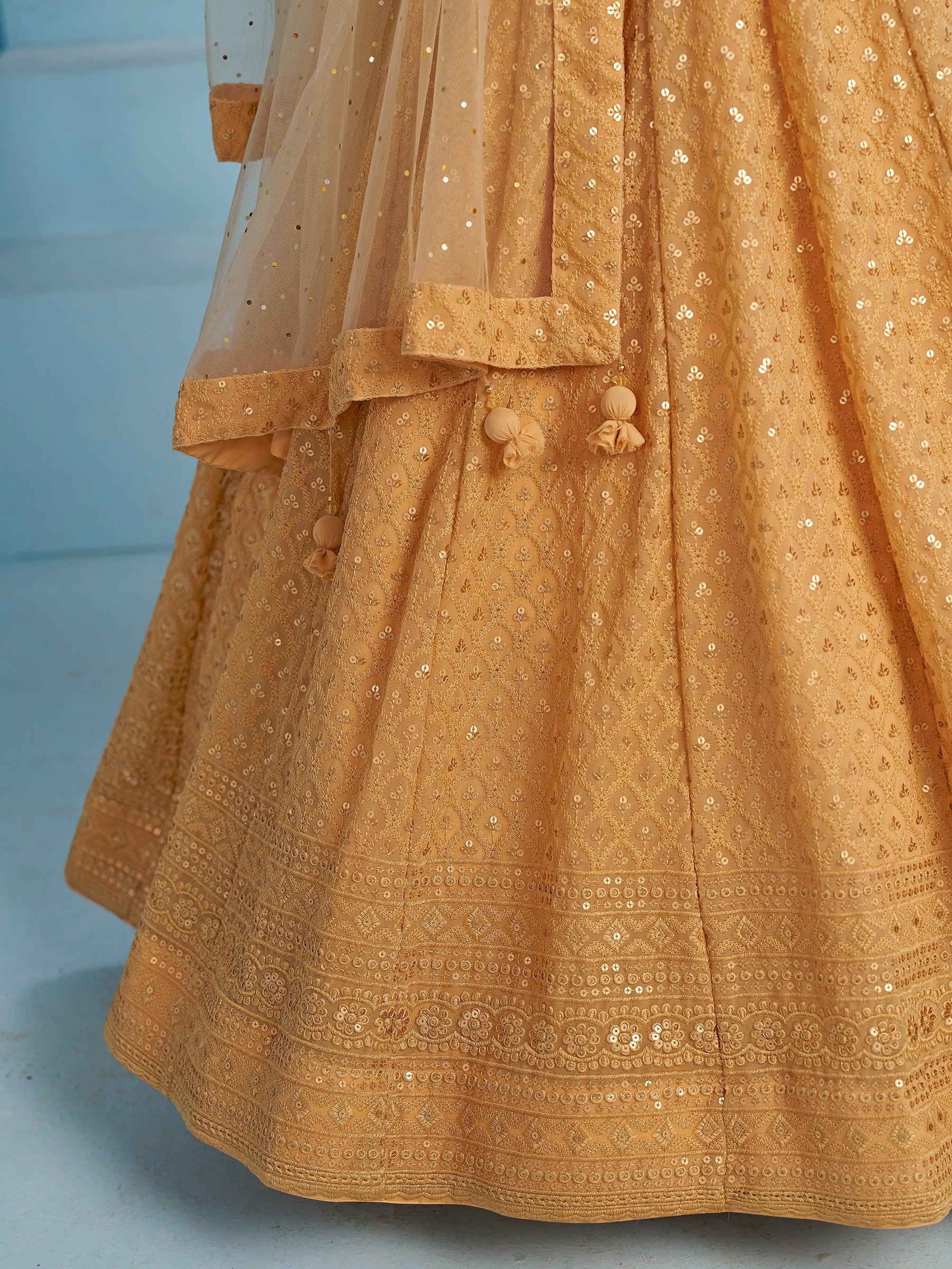 Beautiful Beige Thread Work Georgette Wedding Wear Lehenga Choli - Zeel Clothing