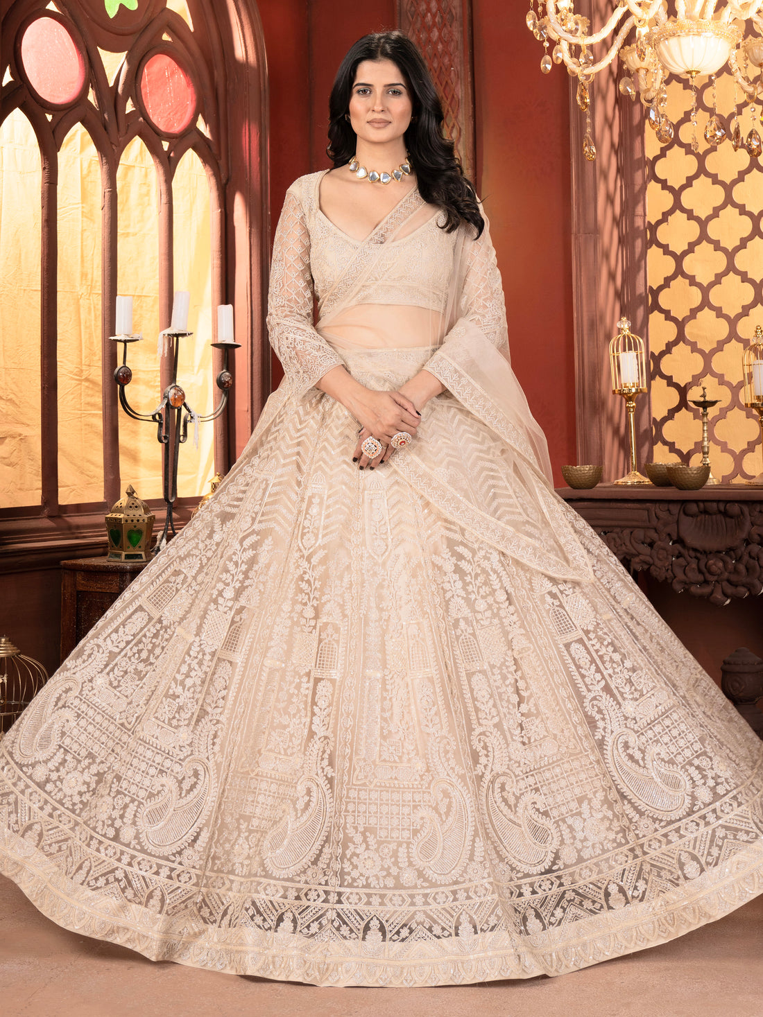 Beautiful Beige Thread Work Net Bridesmaid Lehenga Choli With Dupatta - Zeel Clothing