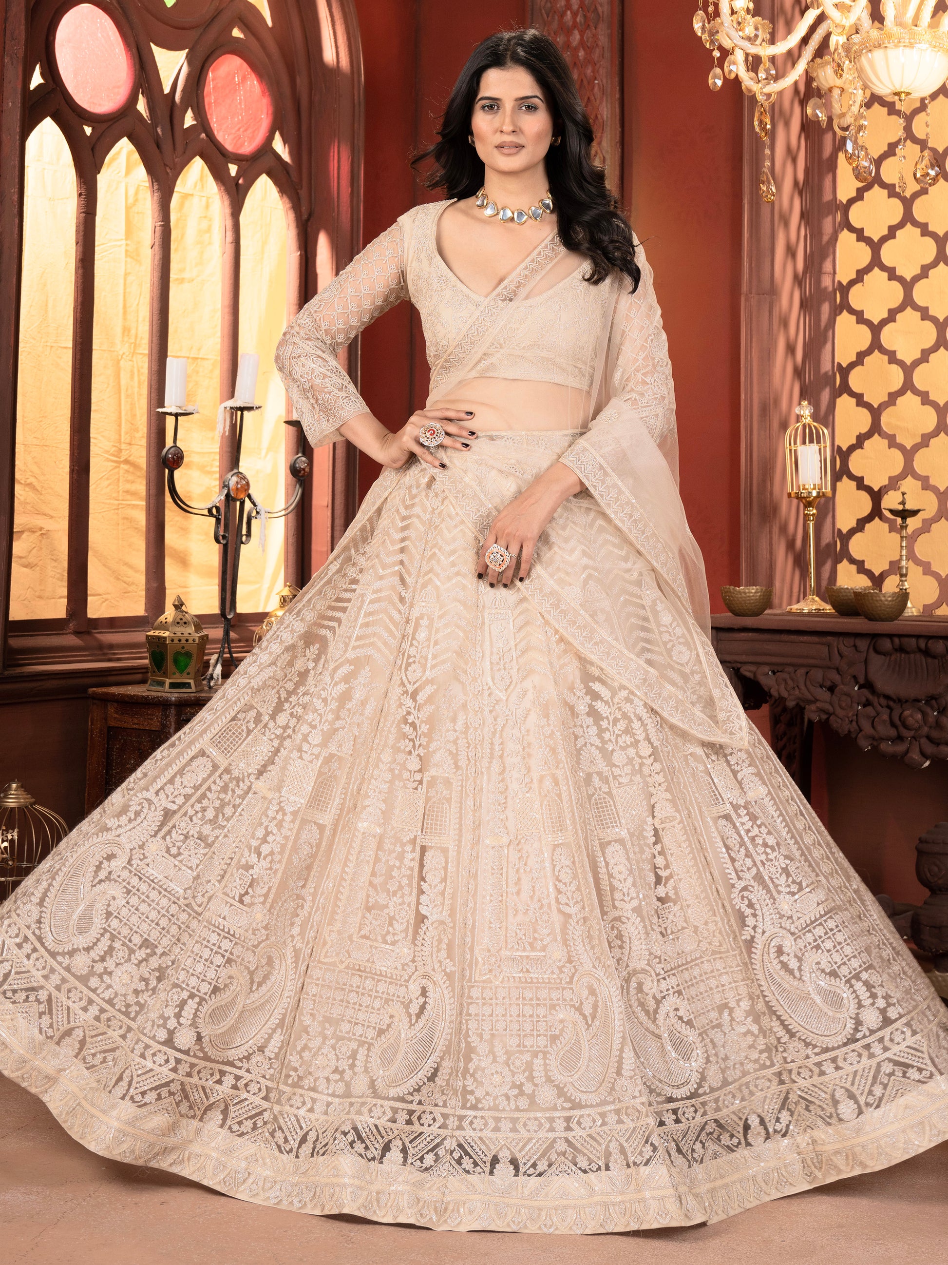 Beautiful Beige Thread Work Net Bridesmaid Lehenga Choli With Dupatta - Zeel Clothing