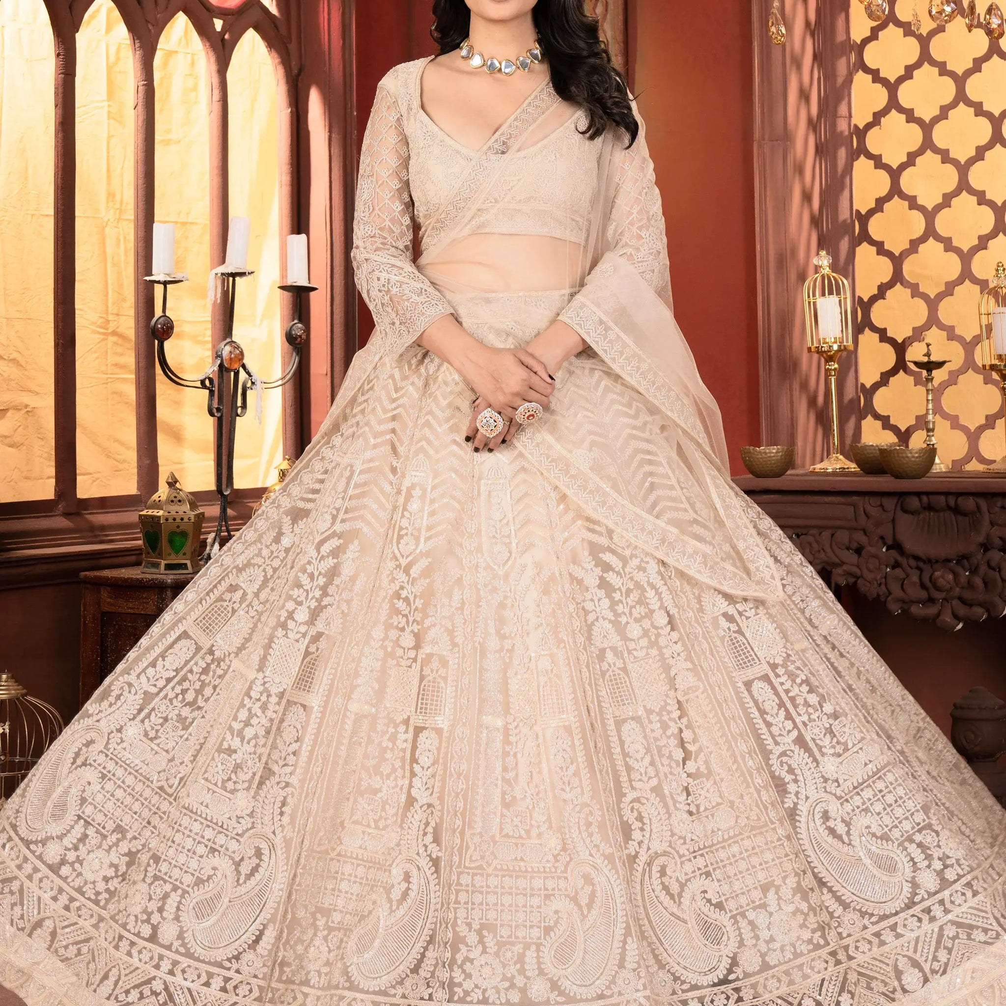 Beautiful Beige Thread Work Net Bridesmaid Lehenga Choli With Dupatta - Zeel Clothing