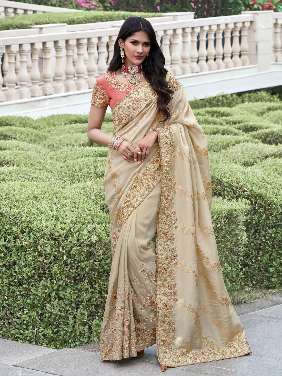 Beautiful Beige Zari Weaving Organza Silk Traditional Saree With Blouse - Zeel Clothing