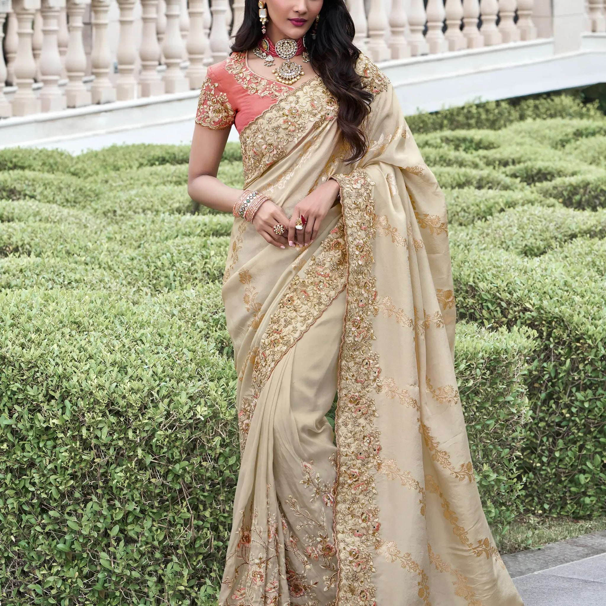 Beautiful Beige Zari Weaving Organza Silk Traditional Saree With Blouse - Zeel Clothing