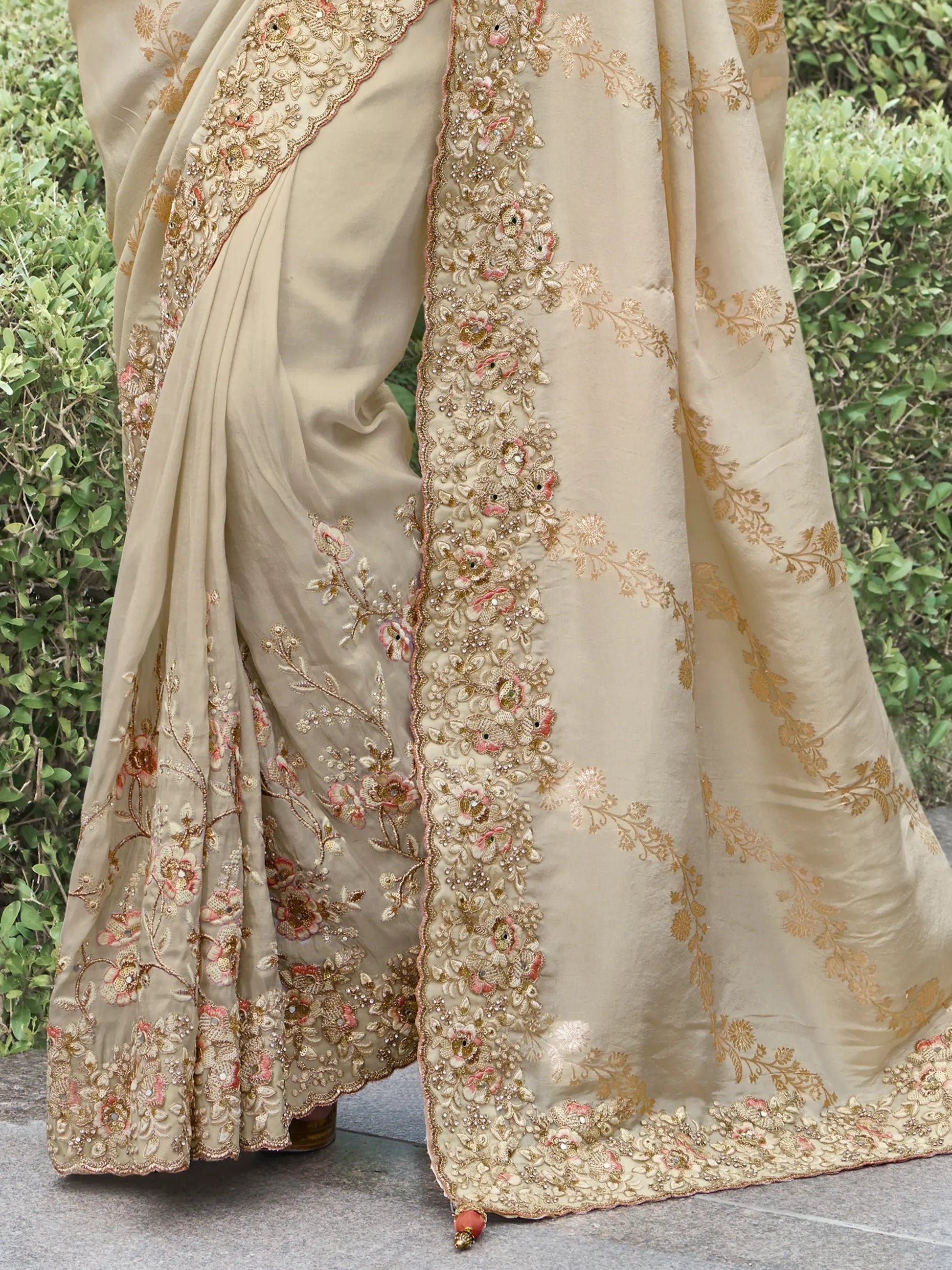Beautiful Beige Zari Weaving Organza Silk Traditional Saree With Blouse - Zeel Clothing