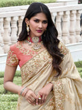 Beautiful Beige Zari Weaving Organza Silk Traditional Saree With Blouse - Zeel Clothing