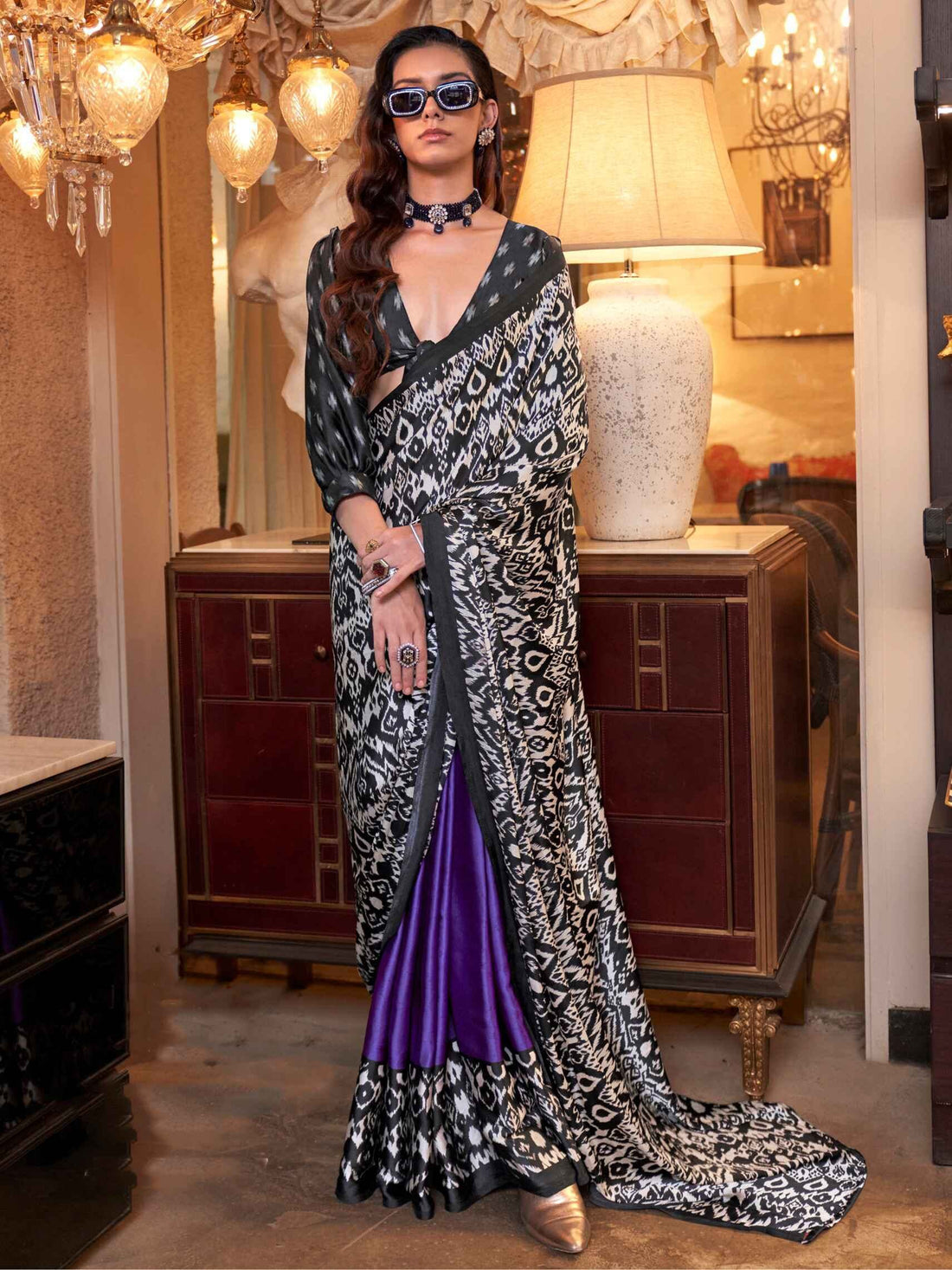 Beautiful Black & Purple Digital Printed Satin Saree With Blouse - Zeel Clothing