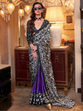 Beautiful Black & Purple Digital Printed Satin Saree With Blouse - Zeel Clothing