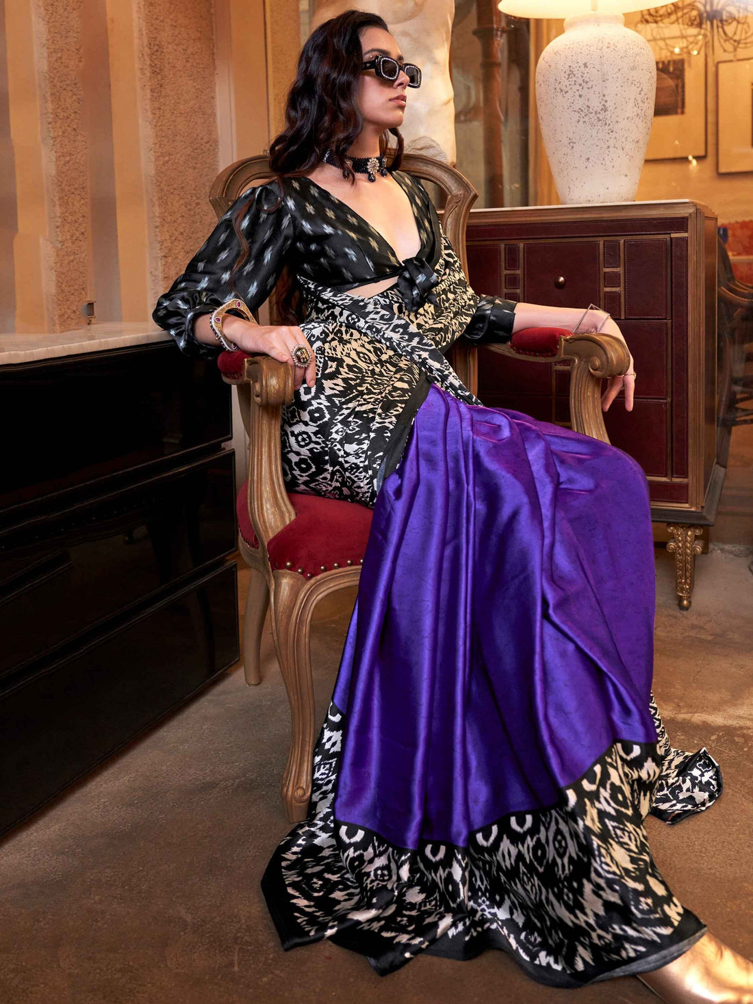 Beautiful Black & Purple Digital Printed Satin Saree With Blouse - Zeel Clothing