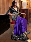 Beautiful Black & Purple Digital Printed Satin Saree With Blouse - Zeel Clothing