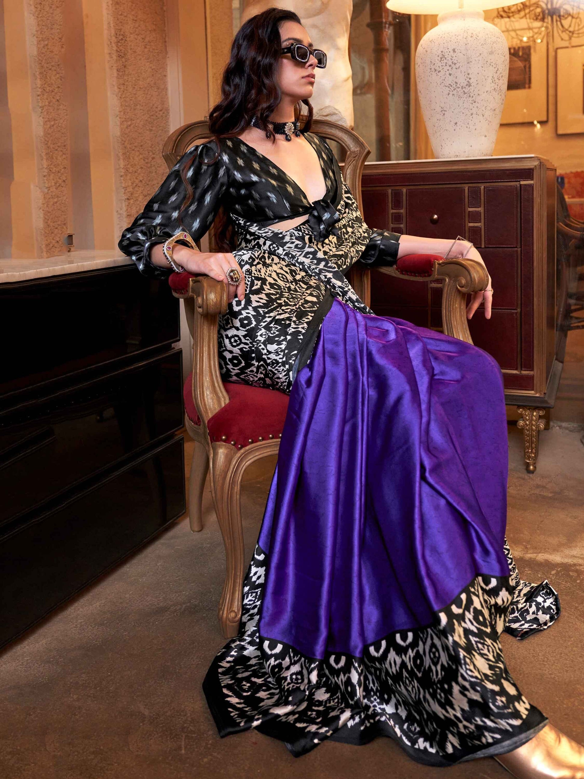 Beautiful Black & Purple Digital Printed Satin Saree With Blouse - Zeel Clothing