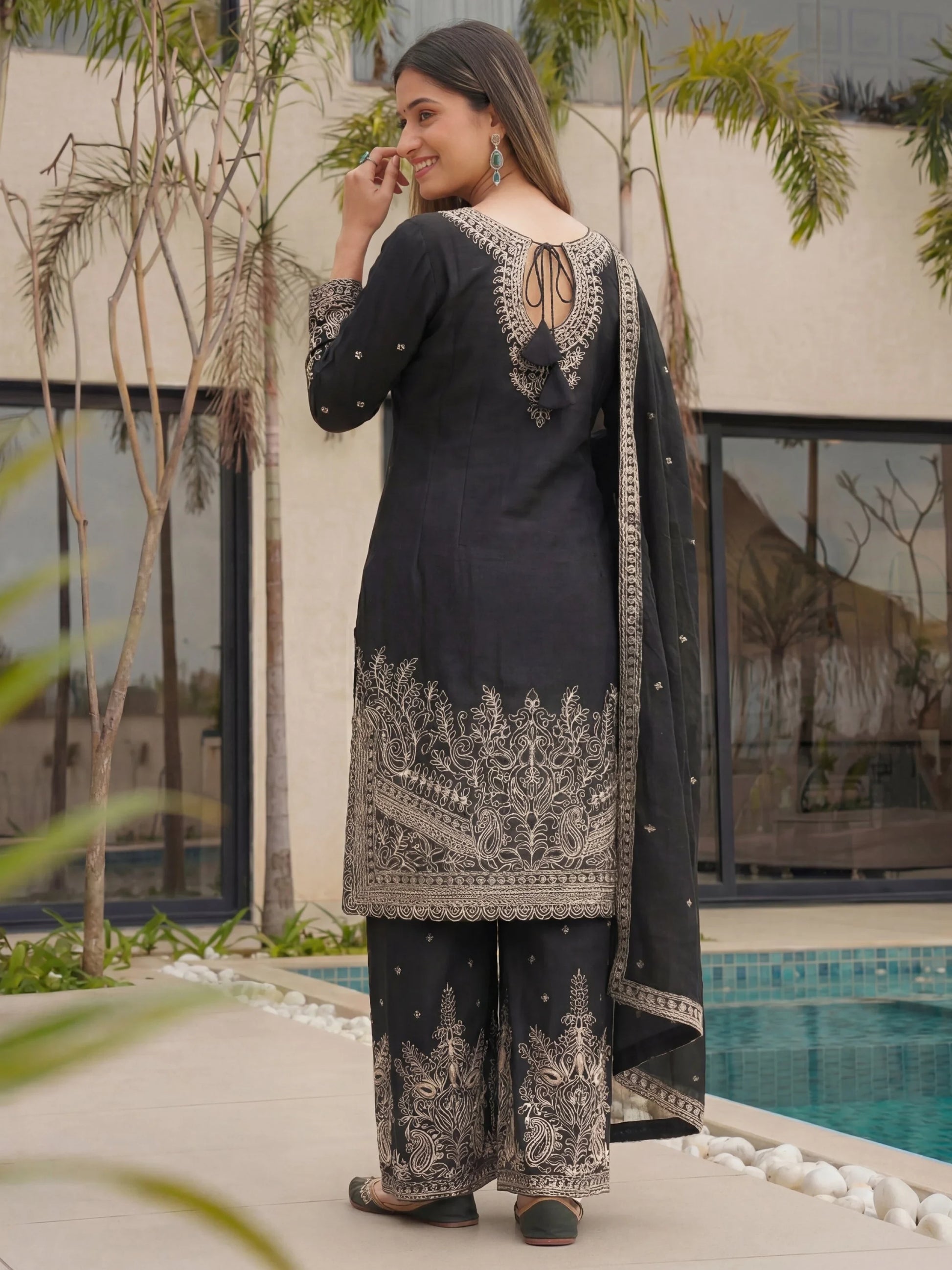 Beautiful Black Coding Embroidery Chinon Wedding Wear Palazzo Suit