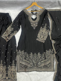 Beautiful Black Coding Embroidery Chinon Wedding Wear Palazzo Suit