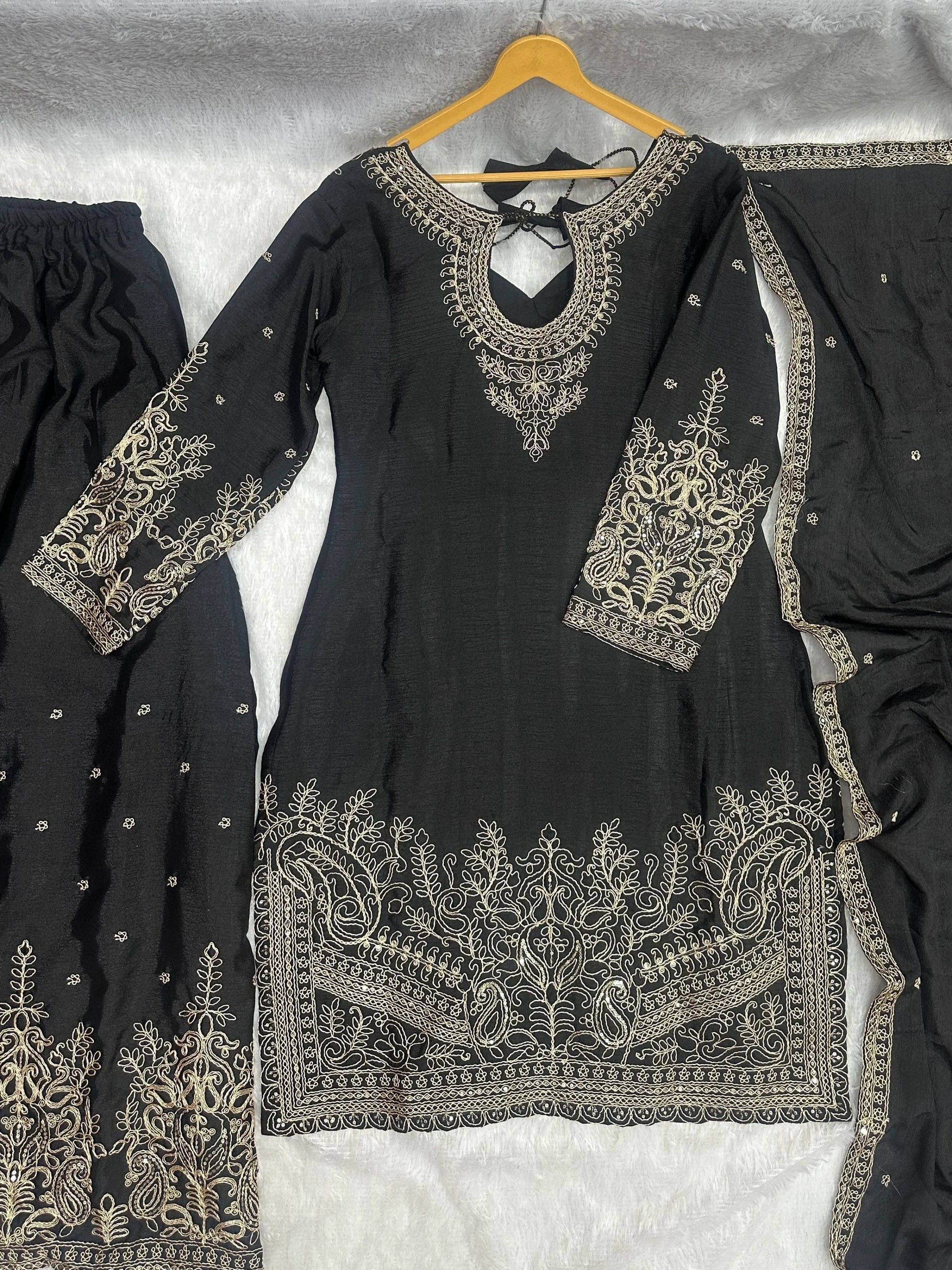 Beautiful Black Coding Embroidery Chinon Wedding Wear Palazzo Suit