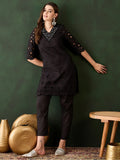 Beautiful Black Cotton Embroidered Event Wear Kurta With Trouser - Zeel Clothing
