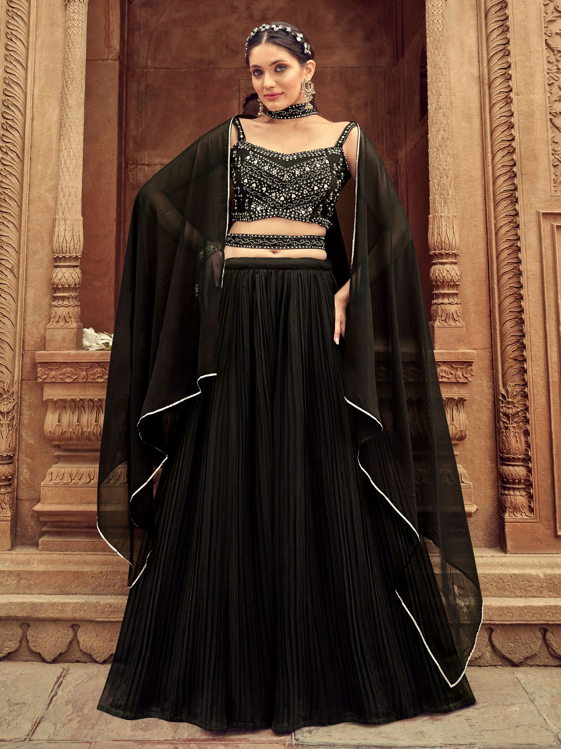 Beautiful Black Embroidered Georgette Reception Wear Lehenga Choli - Zeel Clothing