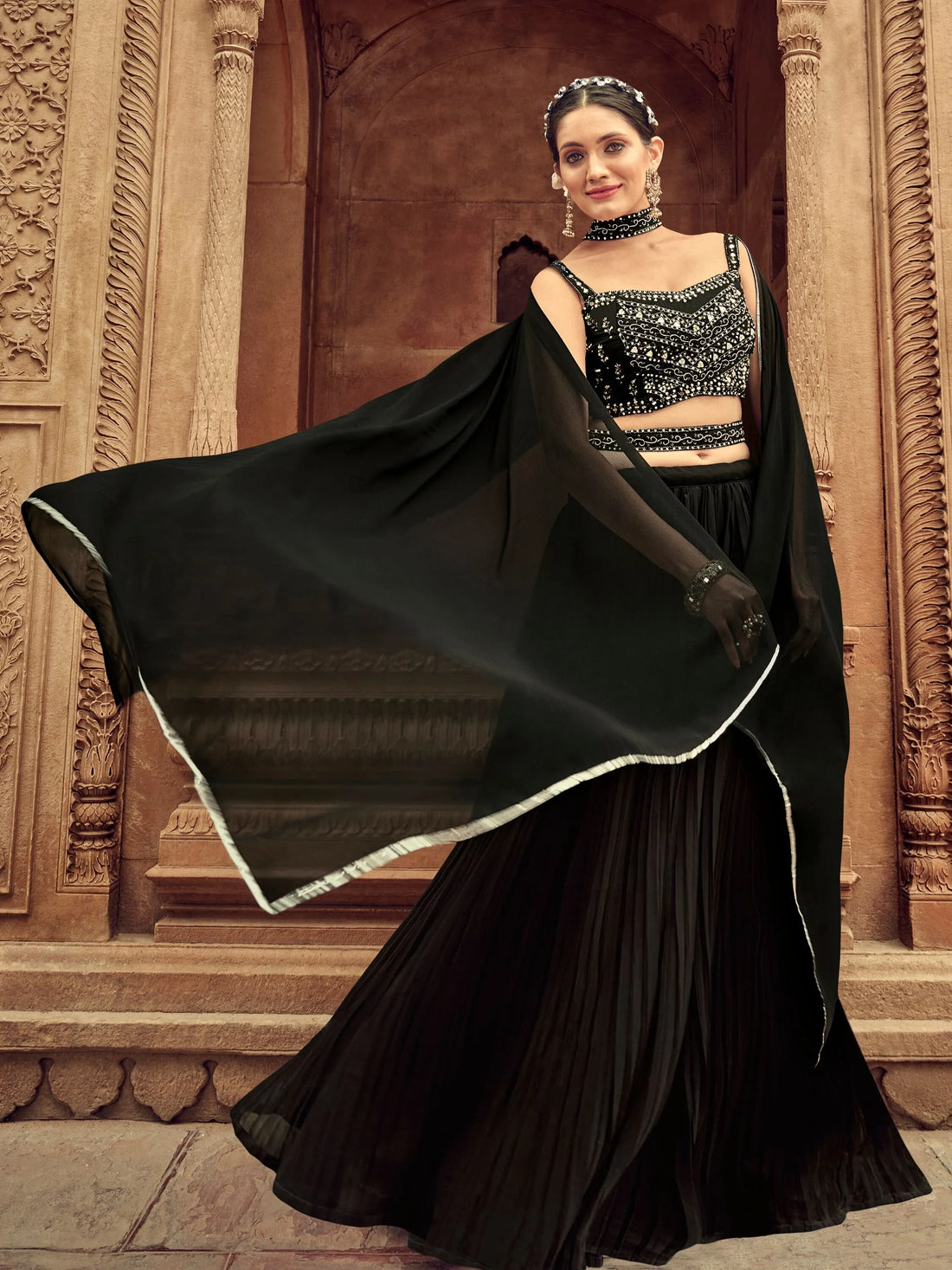 Beautiful Black Embroidered Georgette Reception Wear Lehenga Choli - Zeel Clothing