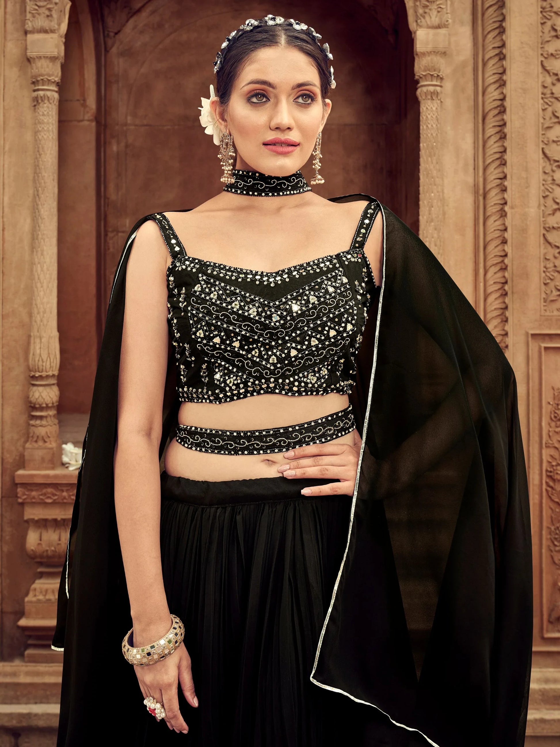 Beautiful Black Embroidered Georgette Reception Wear Lehenga Choli - Zeel Clothing