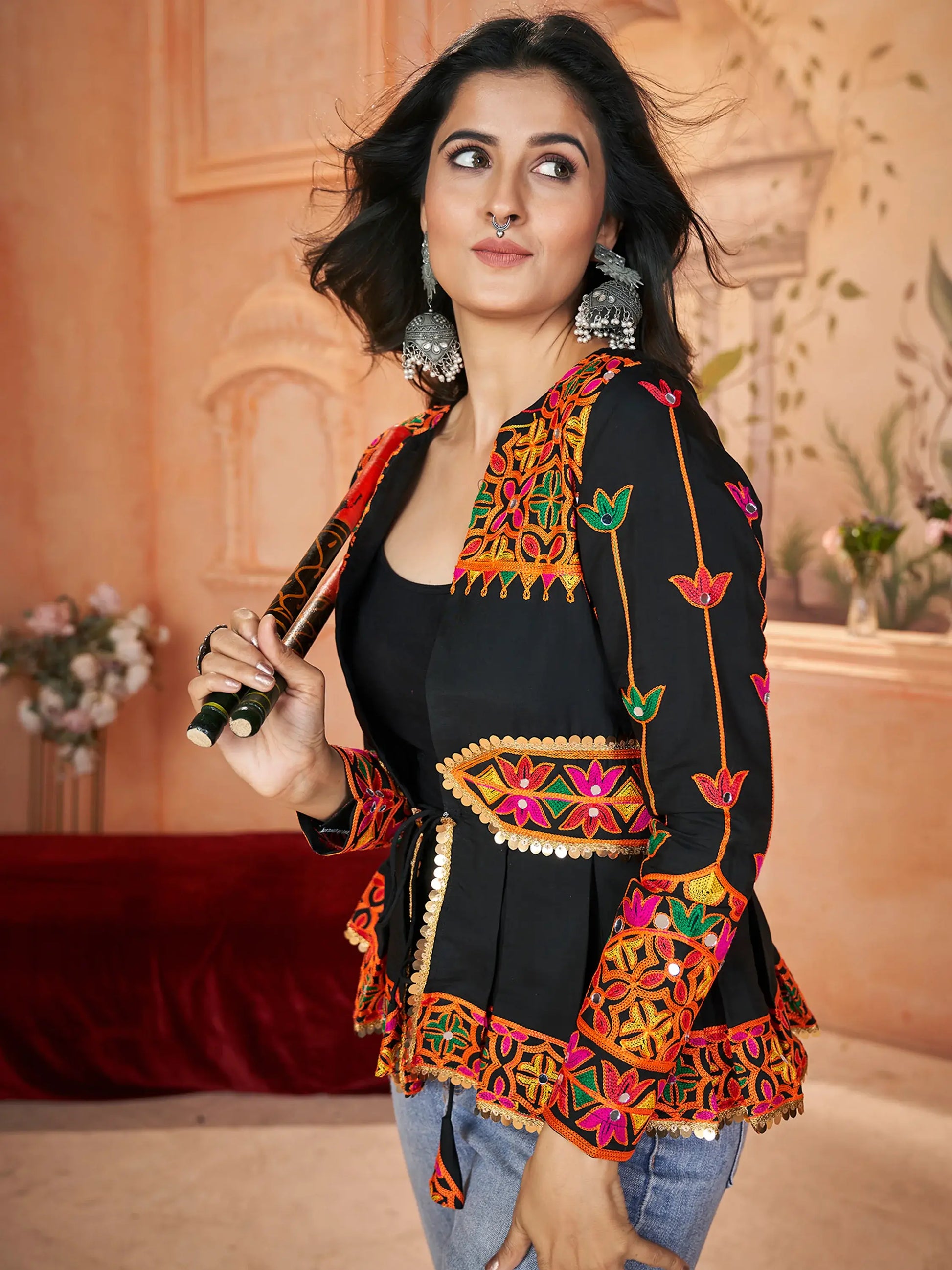 Beautiful Black Embroidered Silk Navratri Wear Kediya Style Kurti - Zeel Clothing