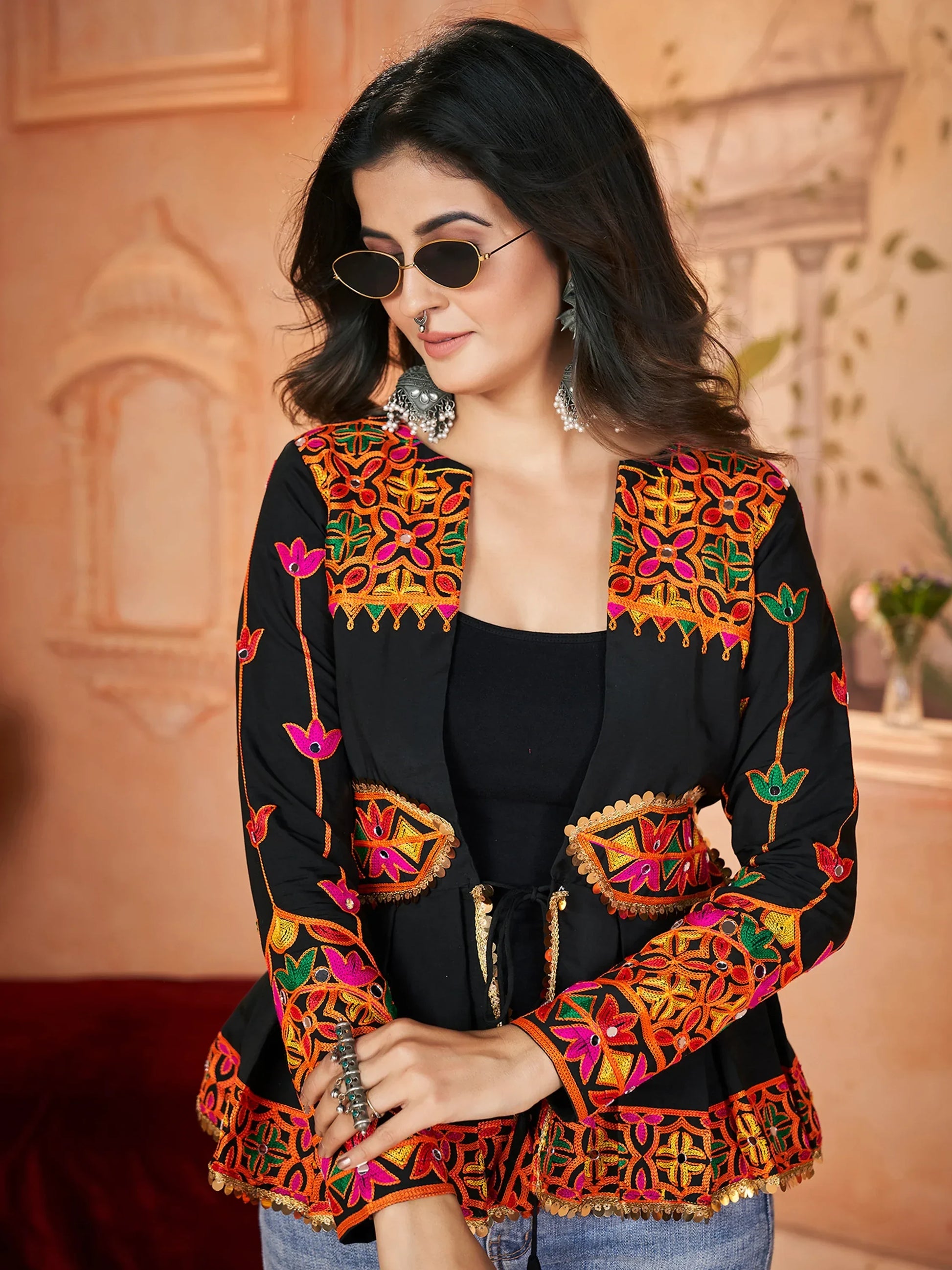Beautiful Black Embroidered Silk Navratri Wear Kediya Style Kurti - Zeel Clothing