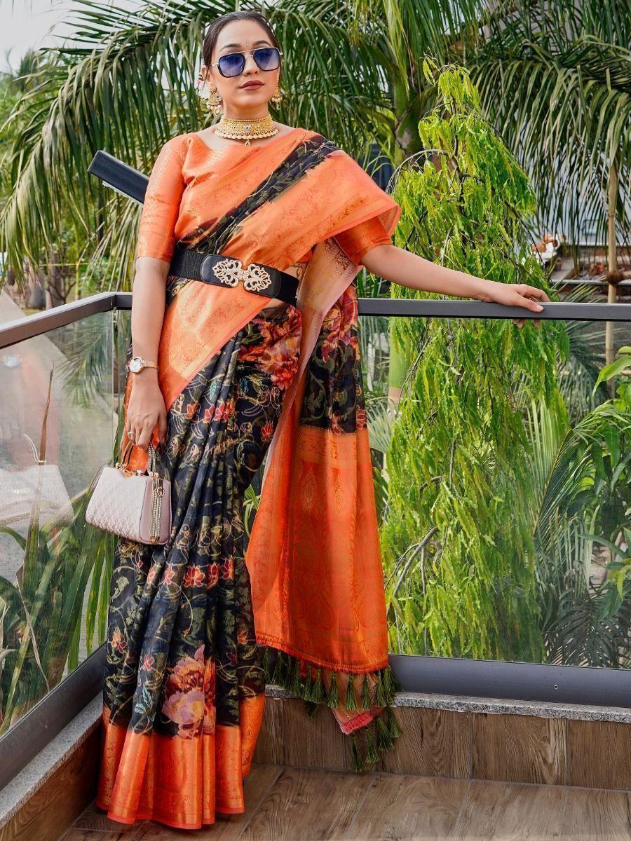 Beautiful Black Floral Printed Organza Festival Wear Saree - Zeel Clothing