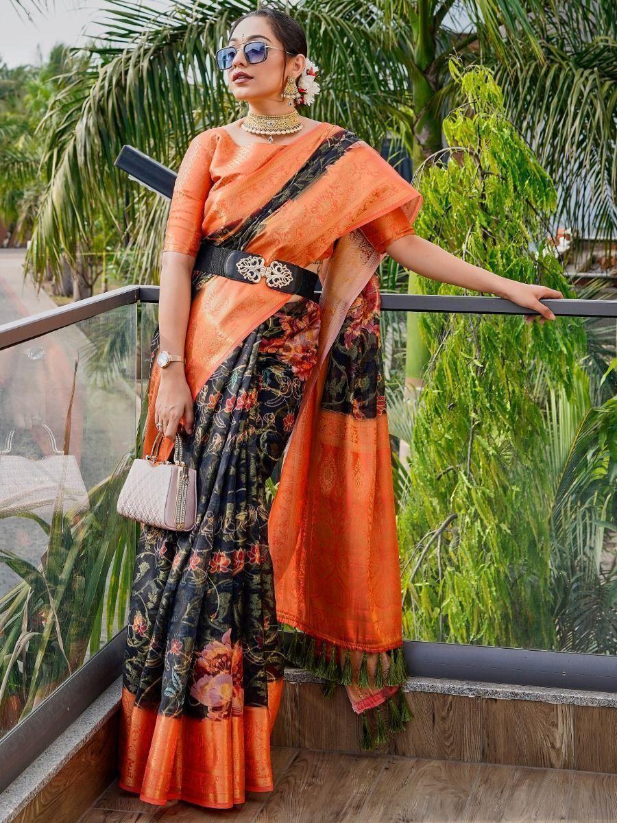 Beautiful Black Floral Printed Organza Festival Wear Saree - Zeel Clothing