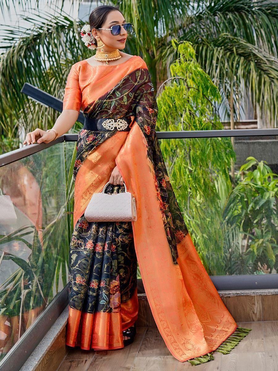Beautiful Black Floral Printed Organza Festival Wear Saree - Zeel Clothing