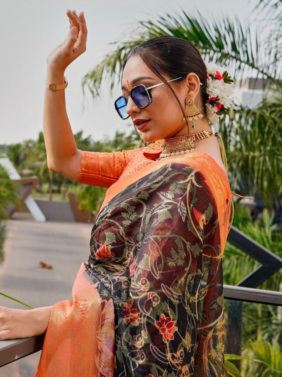 Beautiful Black Floral Printed Organza Festival Wear Saree - Zeel Clothing