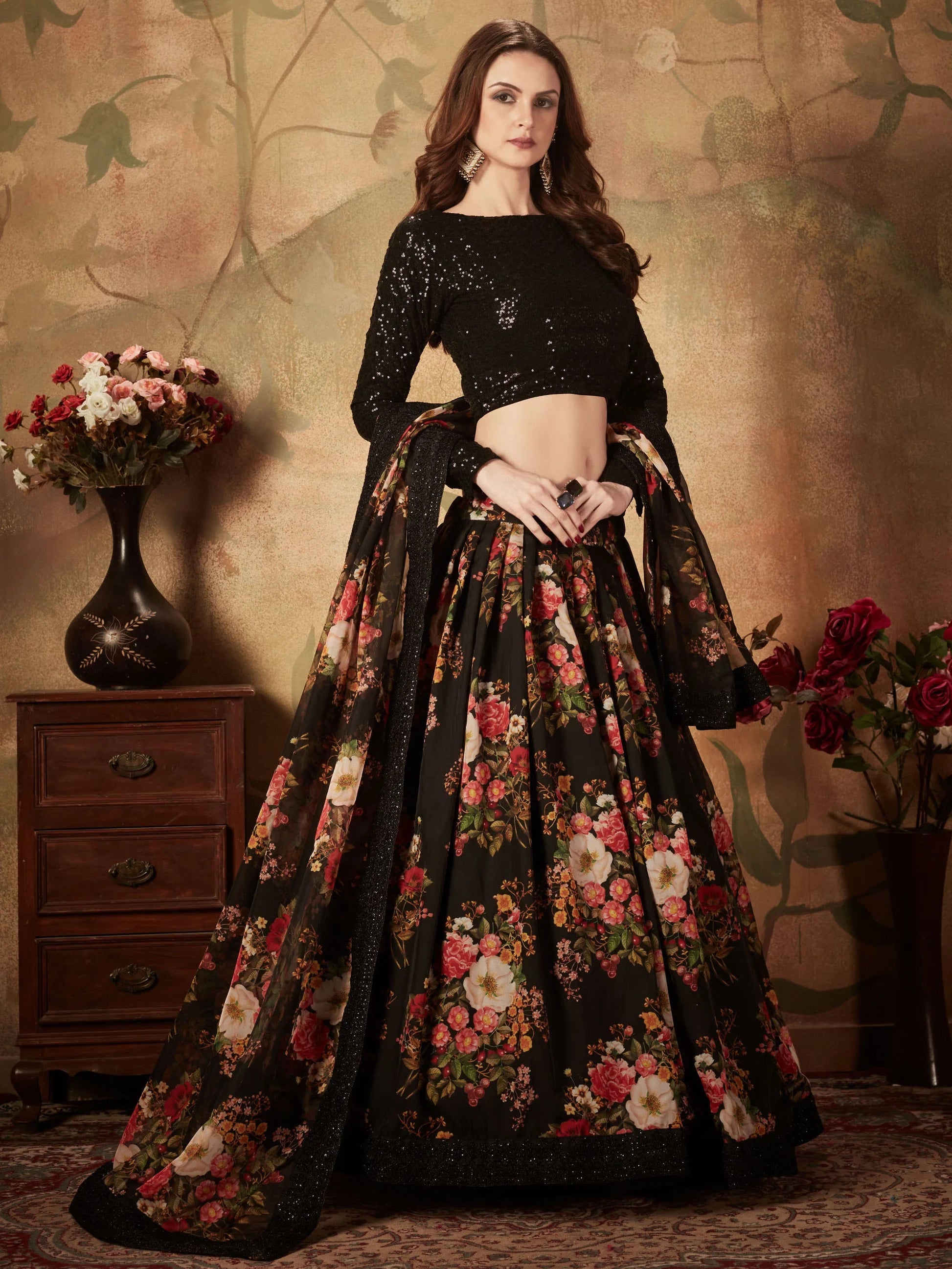 Beautiful Black Floral Printed Organza Reception Wear Lehenga Choli - Zeel Clothing