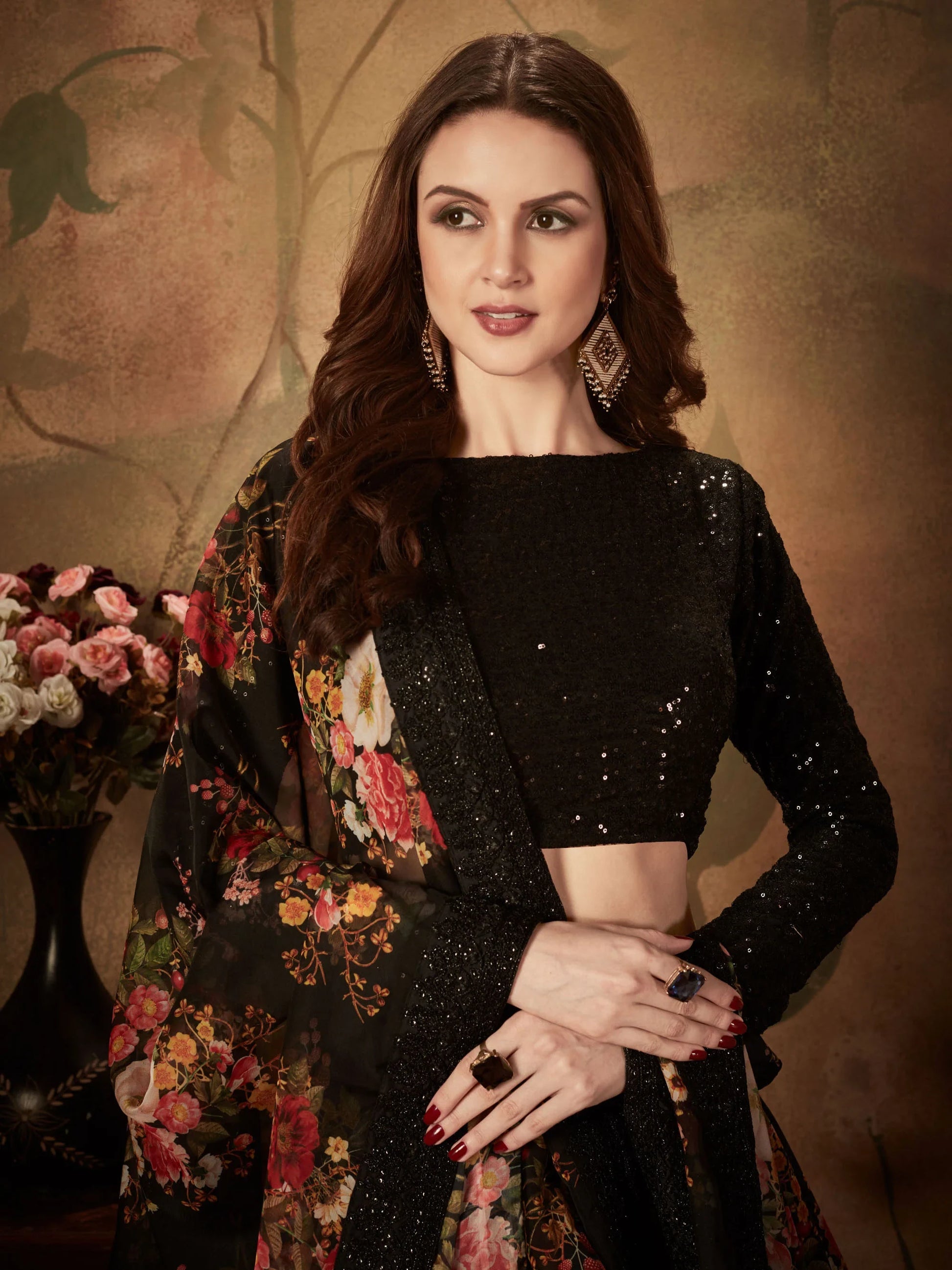 Beautiful Black Floral Printed Organza Reception Wear Lehenga Choli - Zeel Clothing