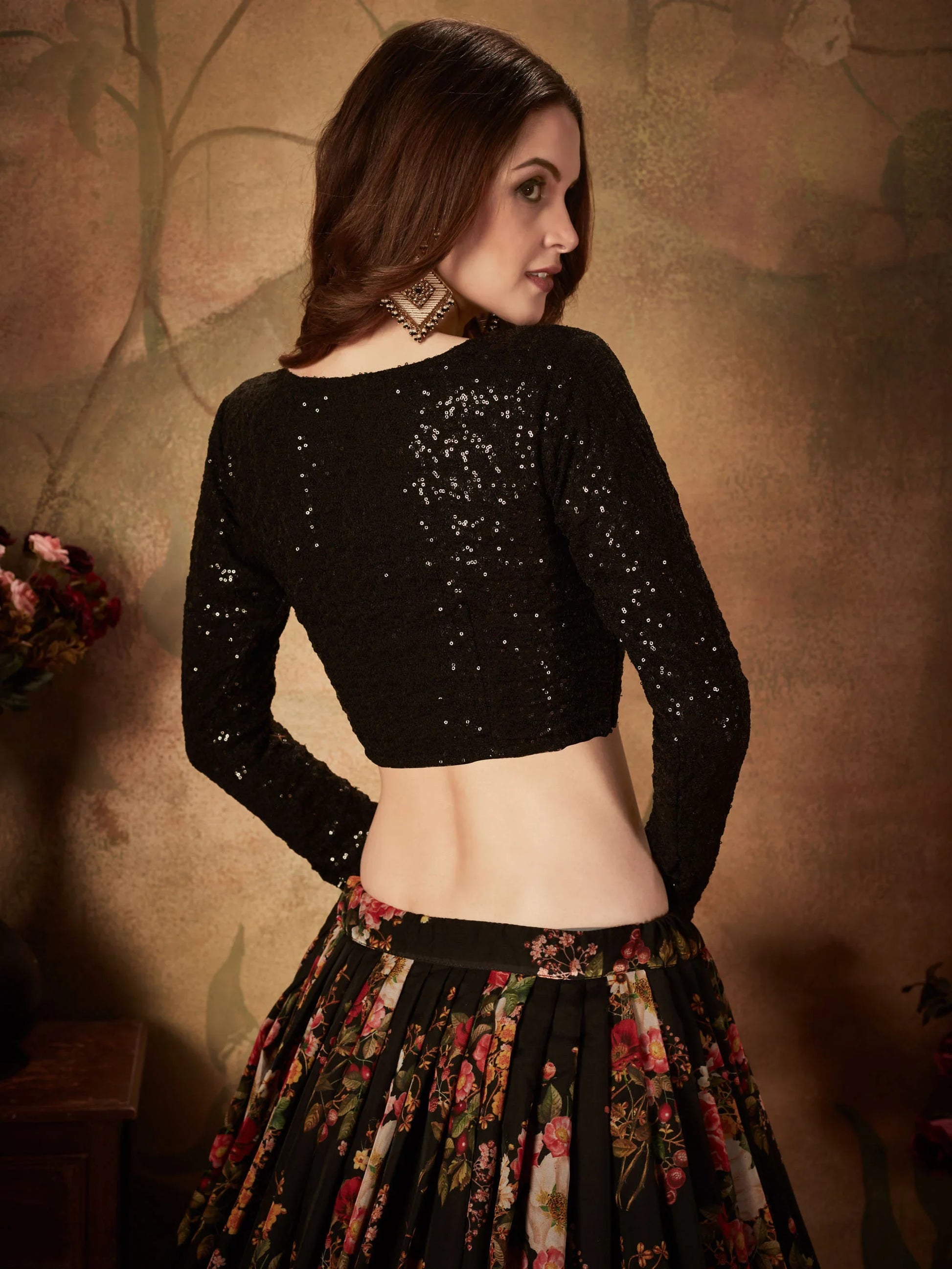 Beautiful Black Floral Printed Organza Reception Wear Lehenga Choli - Zeel Clothing