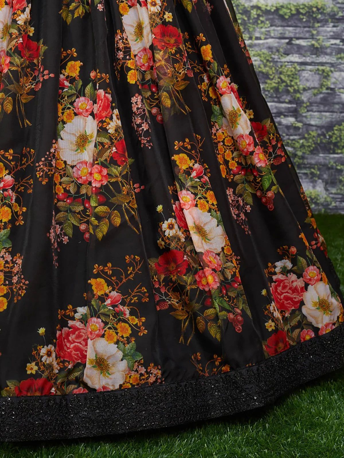Beautiful Black Floral Printed Organza Reception Wear Lehenga Choli - Zeel Clothing