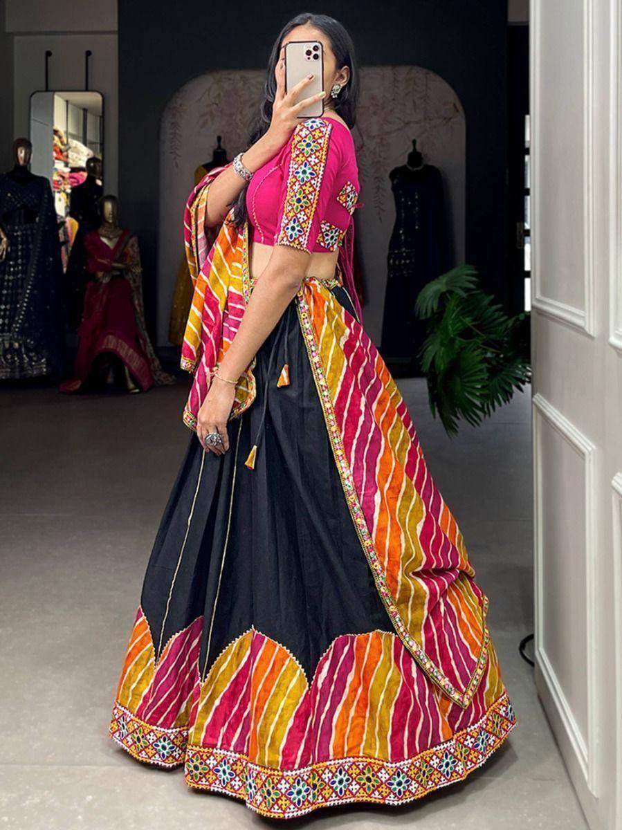 Beautiful Black Gamthi Work Pure Cotton Navratri Lehenga Choli - Zeel Clothing