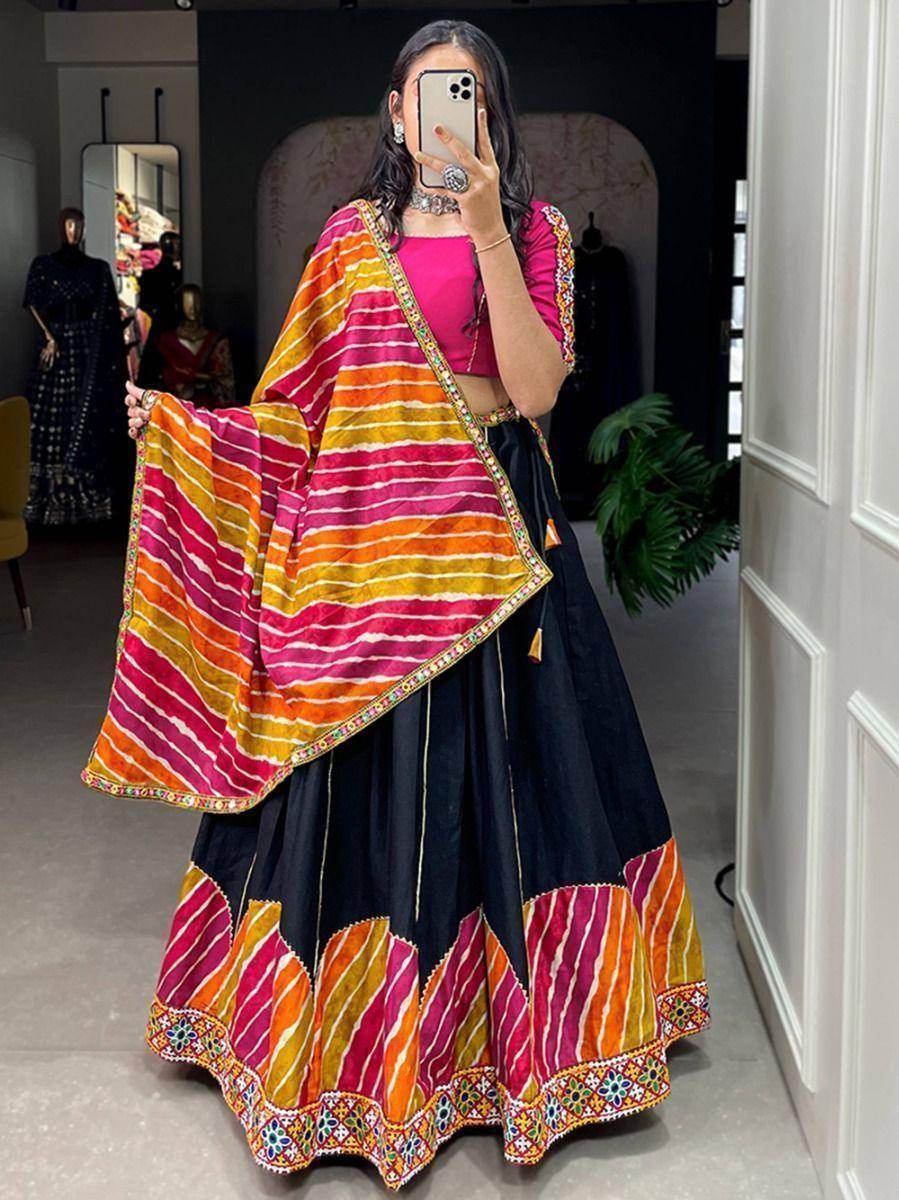 Beautiful Black Gamthi Work Pure Cotton Navratri Lehenga Choli - Zeel Clothing