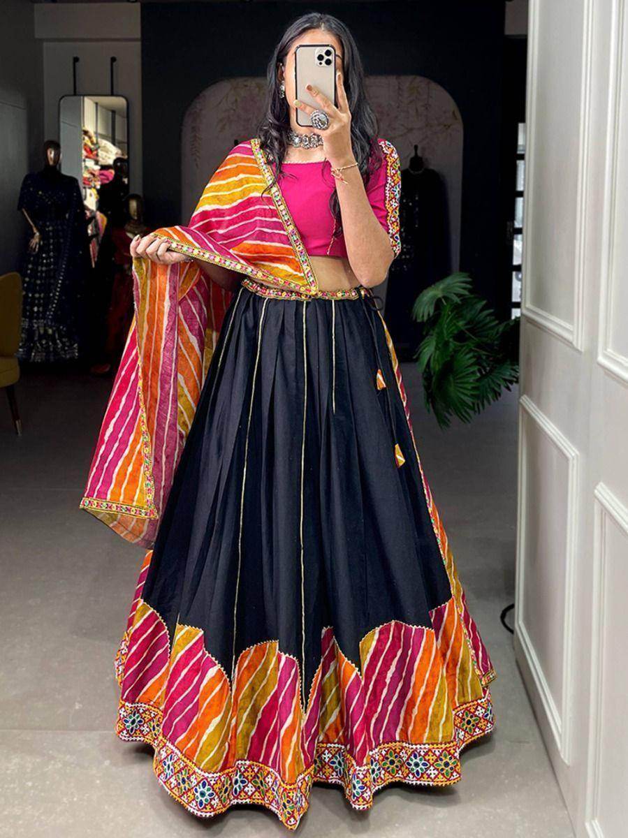 Beautiful Black Gamthi Work Pure Cotton Navratri Lehenga Choli - Zeel Clothing