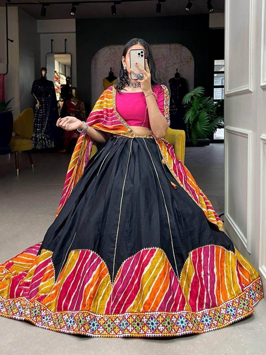 Beautiful Black Gamthi Work Pure Cotton Navratri Lehenga Choli - Zeel Clothing
